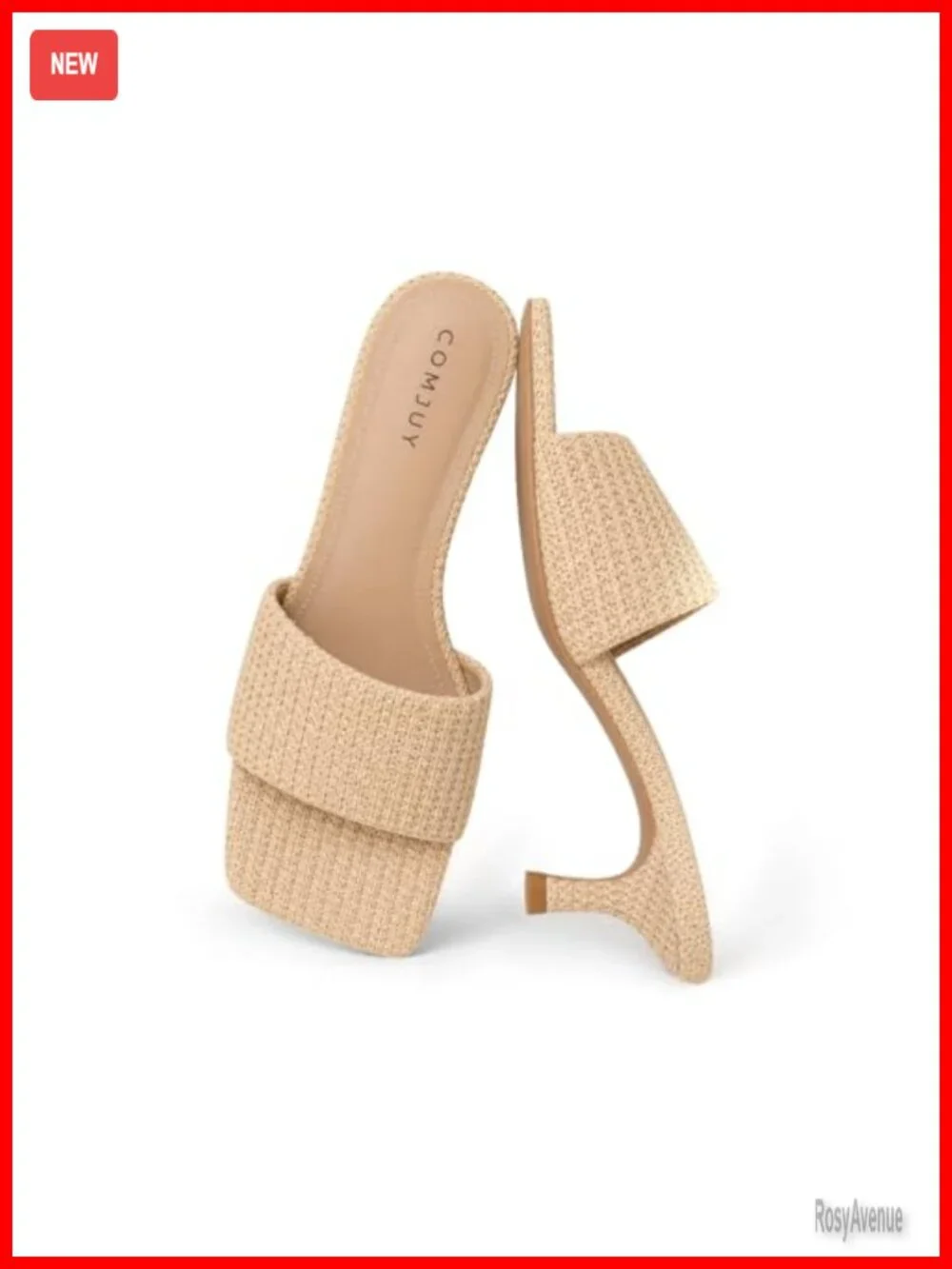 Raffia Kitten Heel Sandals Comfortable 2 Inch Square Toe Slide Summer Heels